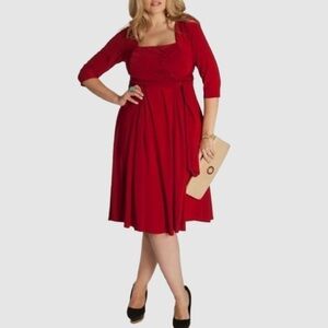 IGIGI Designers A-Line Dress Size 18/20 Red 3/4 Sleeve Pockets Square Neck NWOT